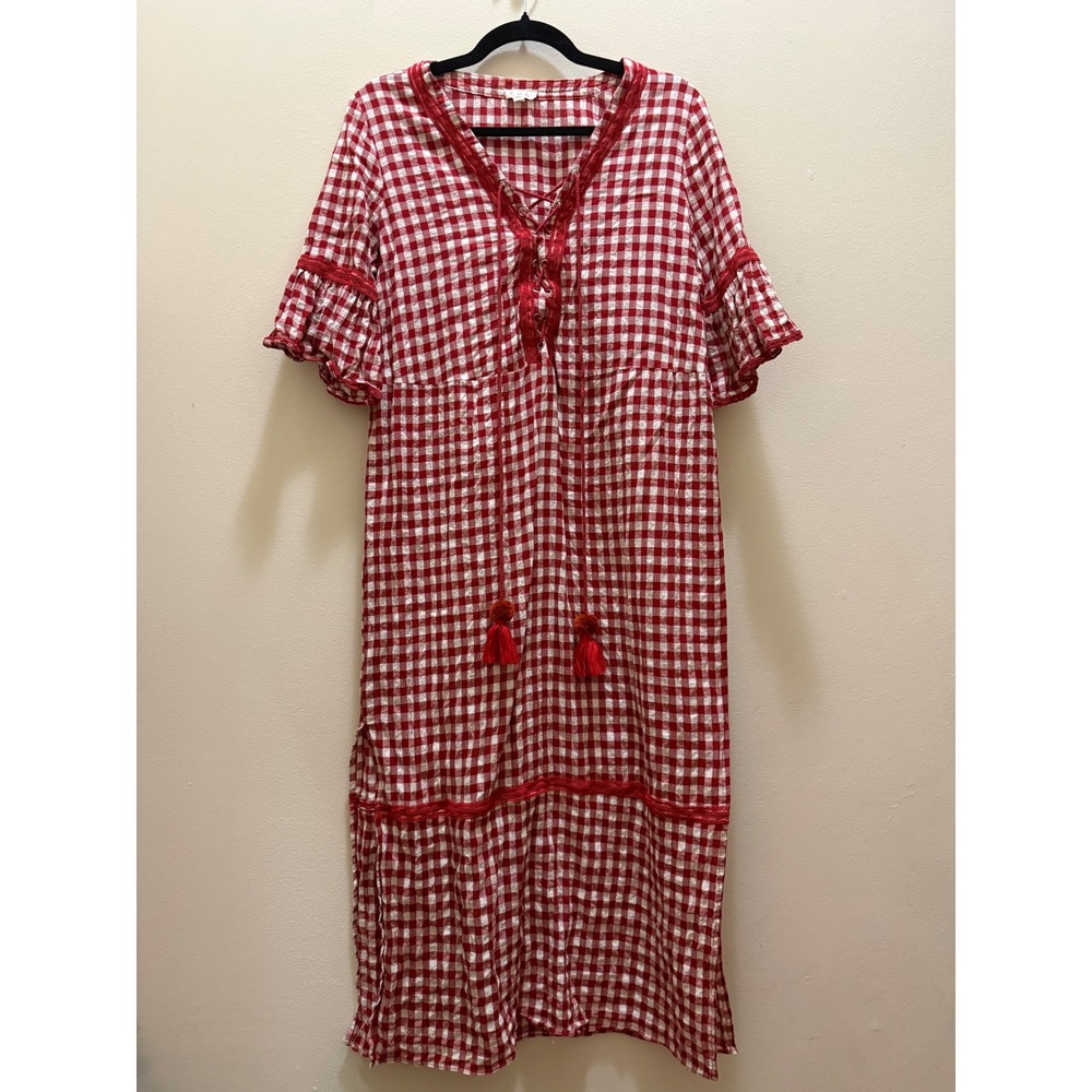 POL‎ Red Gingham Maxi Dress Boho Lace Tassel - M - Picture 12 of 12